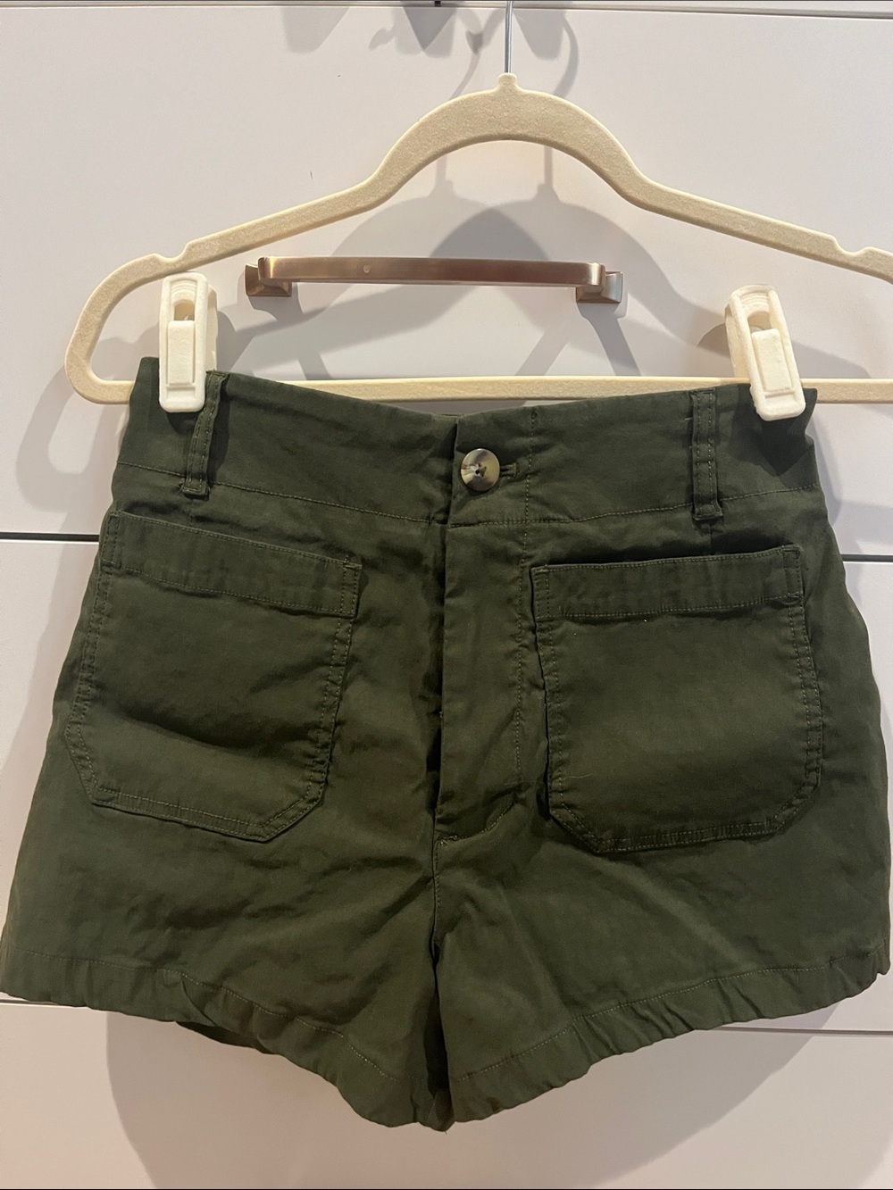 Maeve Olive Utility Patch-Pocket Shorts